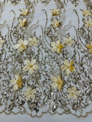 3D Glitter Floral Design Fabric - Gold - Floral Line Design Embroidered Sequins Fabric by Yard