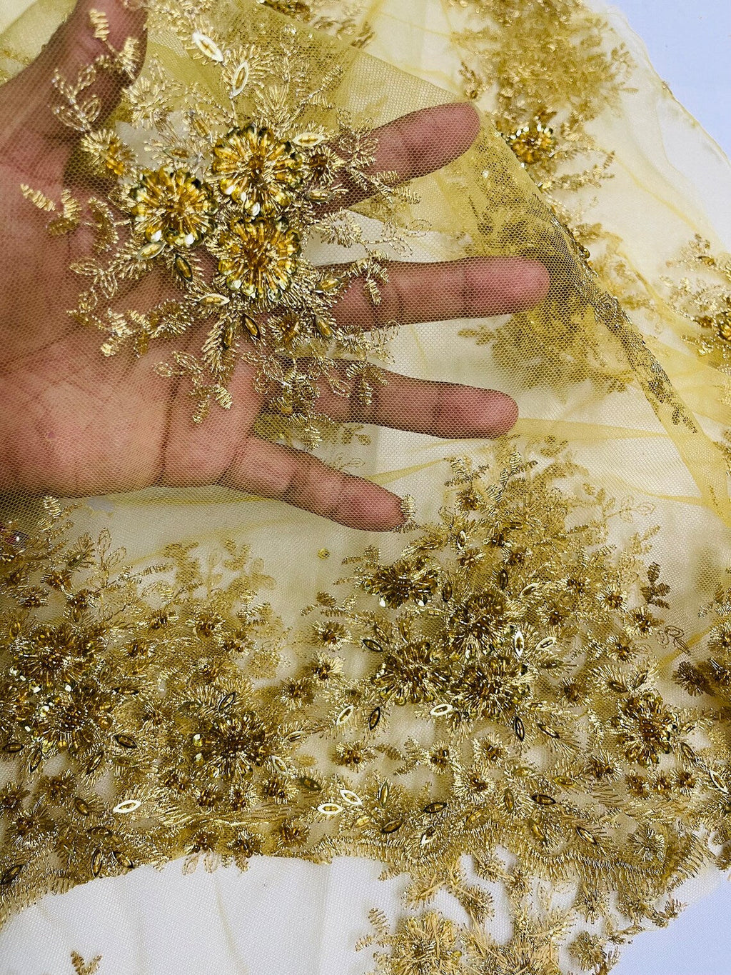 Beaded Flower Cluster Fabric - Gold - Beaded Floral Gaviota Design Embroidered On Mesh Sold By Yard