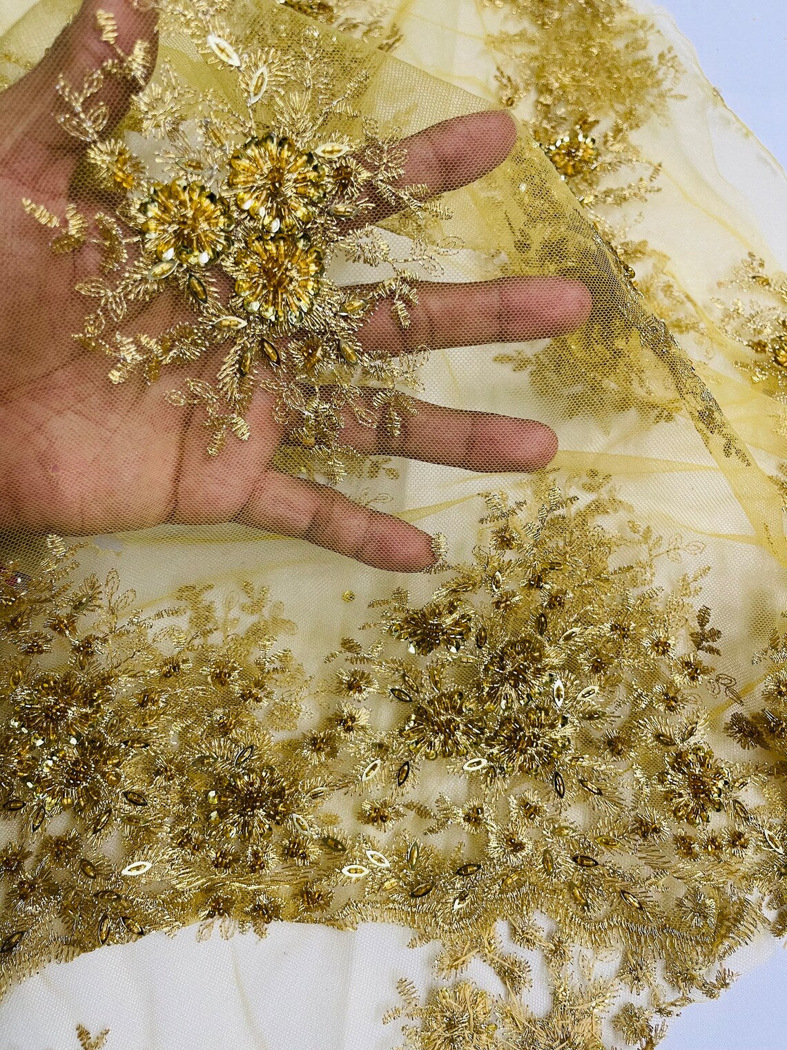 Beaded Flower Cluster Fabric - Gold - Beaded Floral Gaviota Design Embroidered On Mesh Sold By Yard
