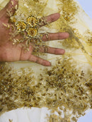 Beaded Flower Cluster Fabric - Gold - Beaded Floral Gaviota Design Embroidered On Mesh Sold By Yard