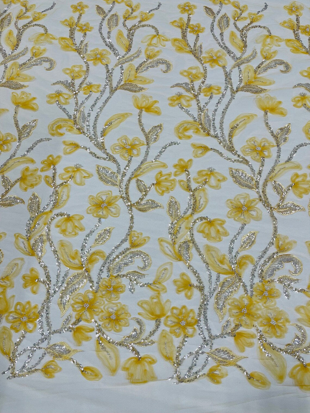 3D Tulle Flower Bead Fabric - Gold - Mesh Flower Plant Design with Beads By Yard