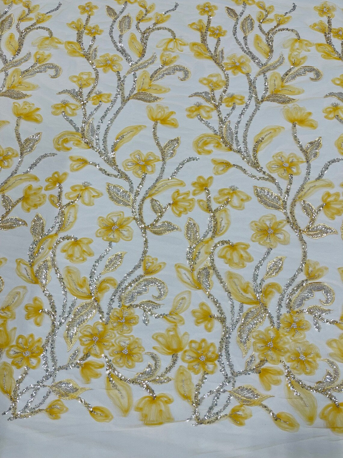 3D Tulle Flower Bead Fabric - Gold - Mesh Flower Plant Design with Beads By Yard