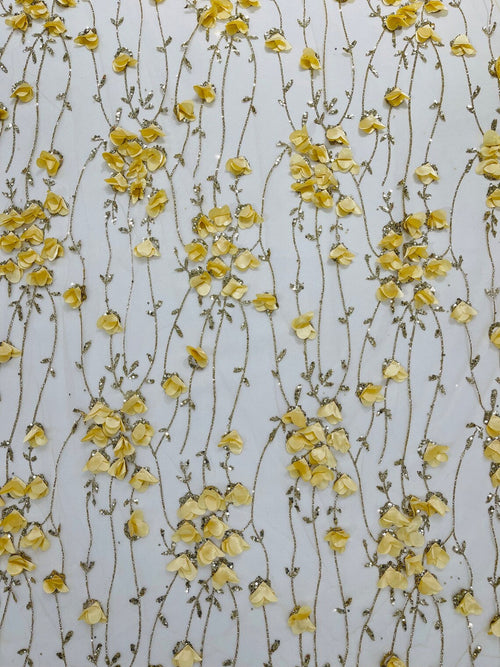 3D Glitter Floral Fabric - Gold - 3D Flowers with Sequins and Glitter on Mesh Sold By Yard