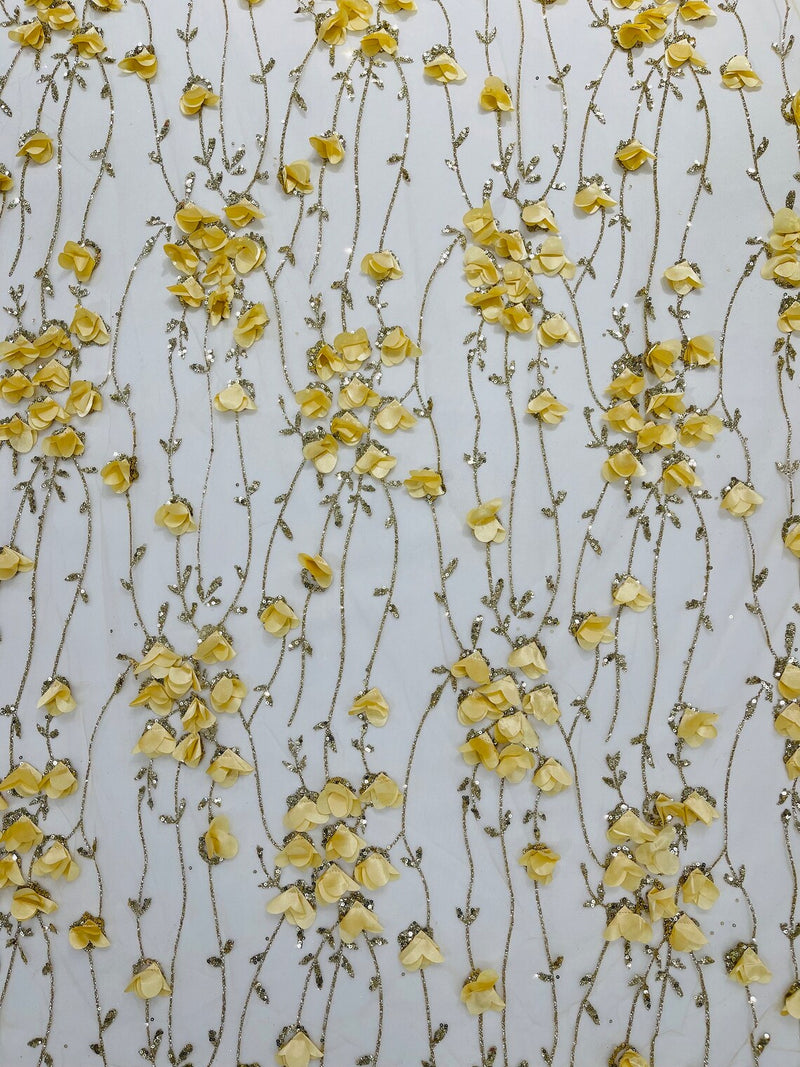 3D Glitter Floral Fabric - Gold - 3D Flowers with Sequins and Glitter on Mesh Sold By Yard