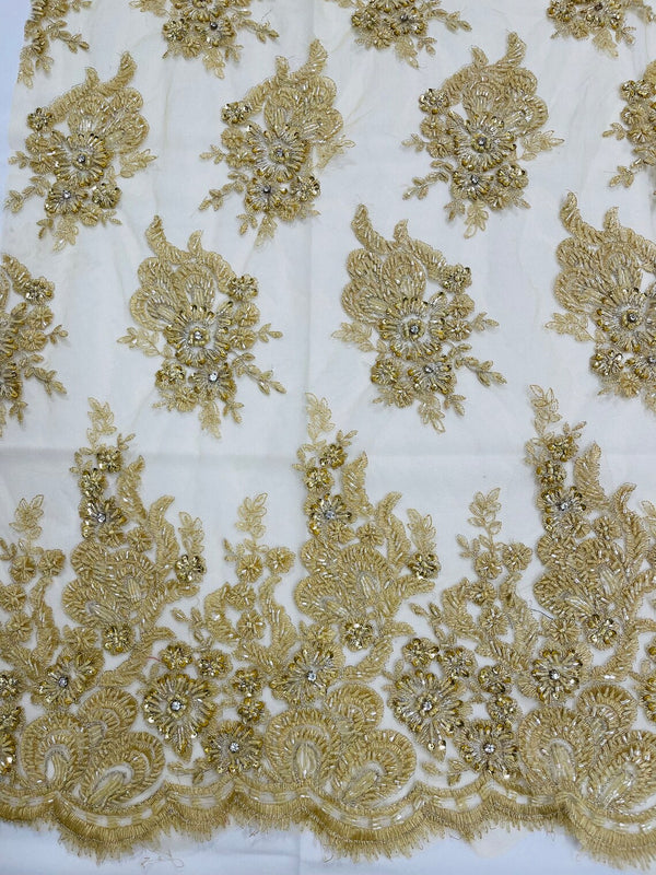 Rhinestone Beaded Fabric - Gold - Beaded Floral Rhinestone Design with Fancy Border Sold By Yard