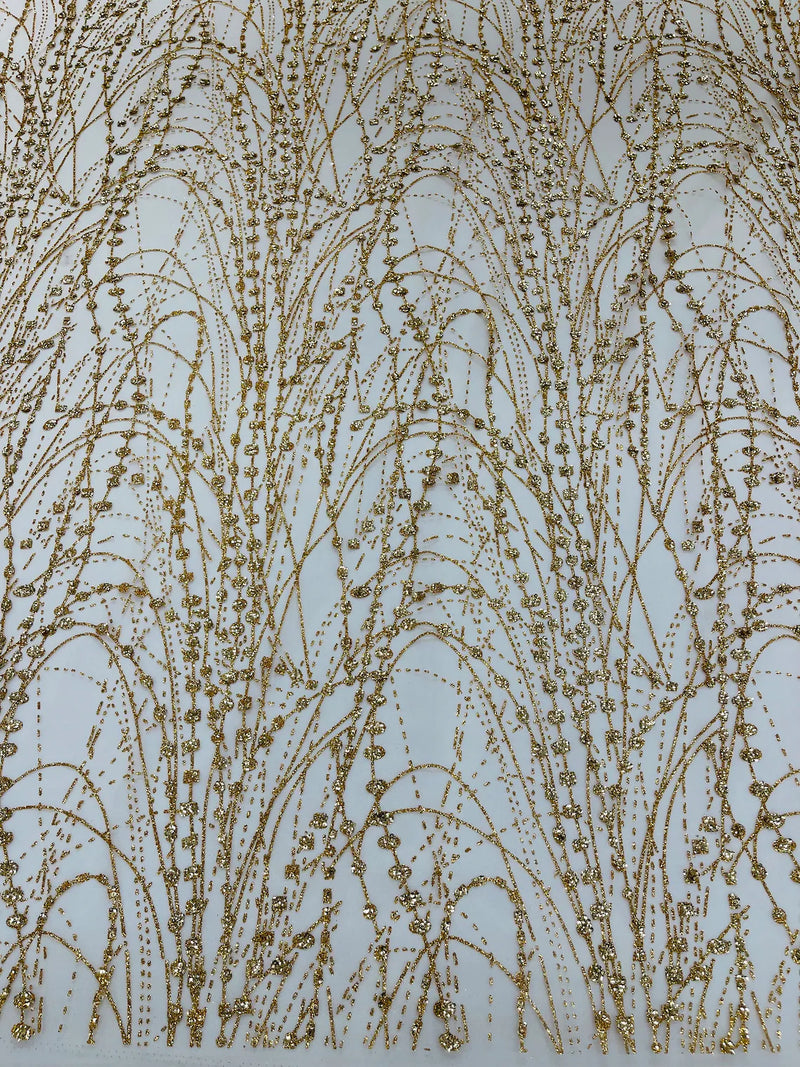 Tulle Glitter Fancy Line Fabric - Gold - Tulle Fabric with Sparkle Glitter Design Sold By Yard