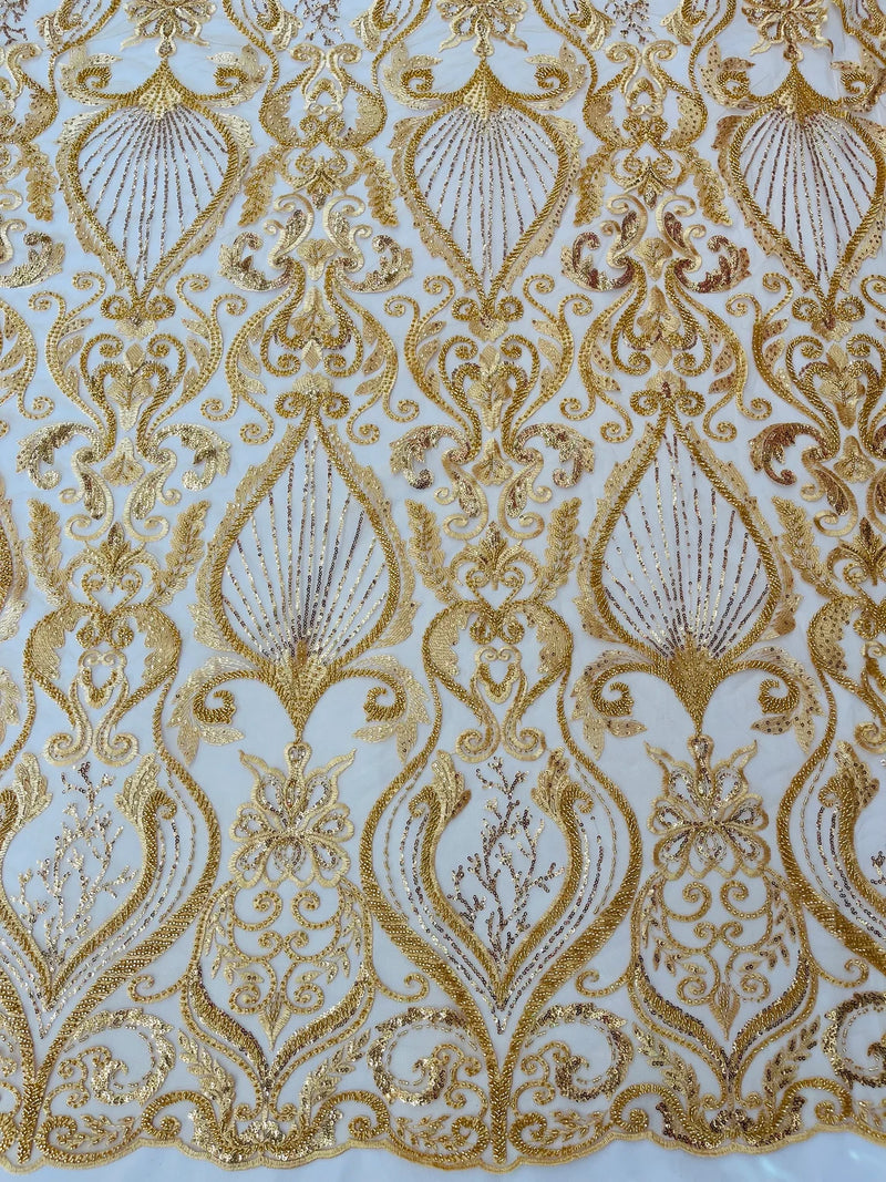 Damask Leaf Bead Fabric - Gold - Heavy Beaded Embroidered Sequins Lace Fabric by Yard