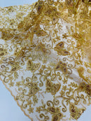 Butterfly Swirl Lace Fabric - Gold - Metallic Sequins Design on Lace Fabric By Yard