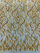 Wavy Leaf / Floral Bead Fabric - Gold - Beaded Rhinestone Embroidered on a Mesh By Yard