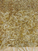 Feather Sequin Velvet Fabric - Gold - 5mm Sequins Velvet 2 Way Stretch 58/60" Fabric By Yard
