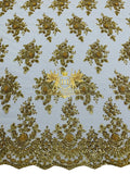 Floral Beaded Fabric - Gold - Embroidered Beaded Flowers Cluster Design on a Mesh Sold By Yard