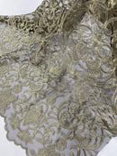 Fancy Damask Lace Fabric - Gold on Black - Embroidered Damask Design Mesh on Lace Fabric by Yard