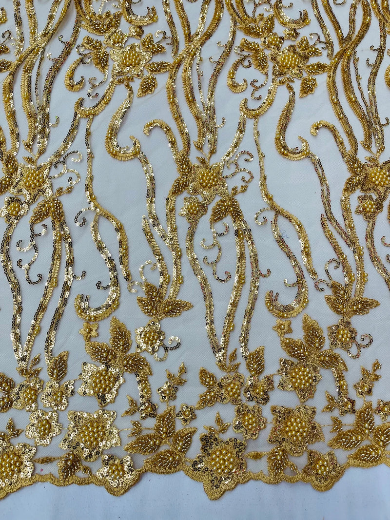 Small Flower Bead Fabric - Gold - Beaded Flower Fabric with Curled Lines Design By Yard