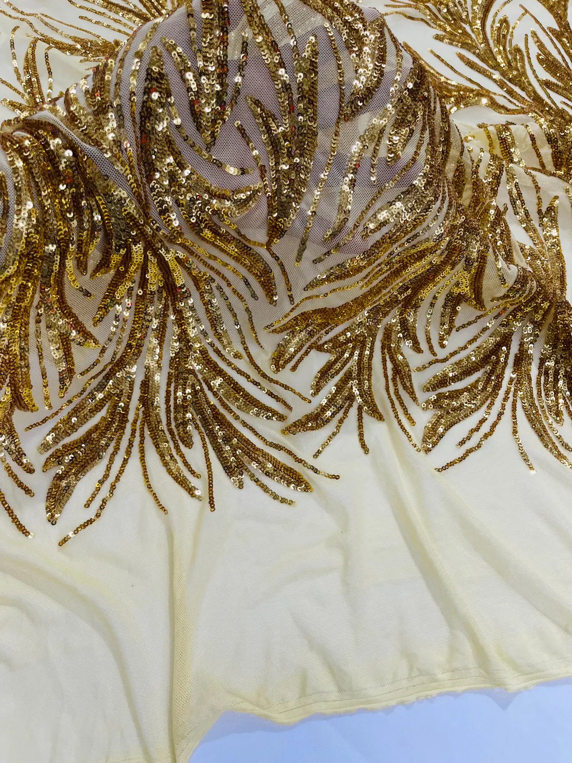 Leaf Design Stretch Sequins - Gold - 4 Way Stretch Lace Mesh Sequins Fabric by Yard
