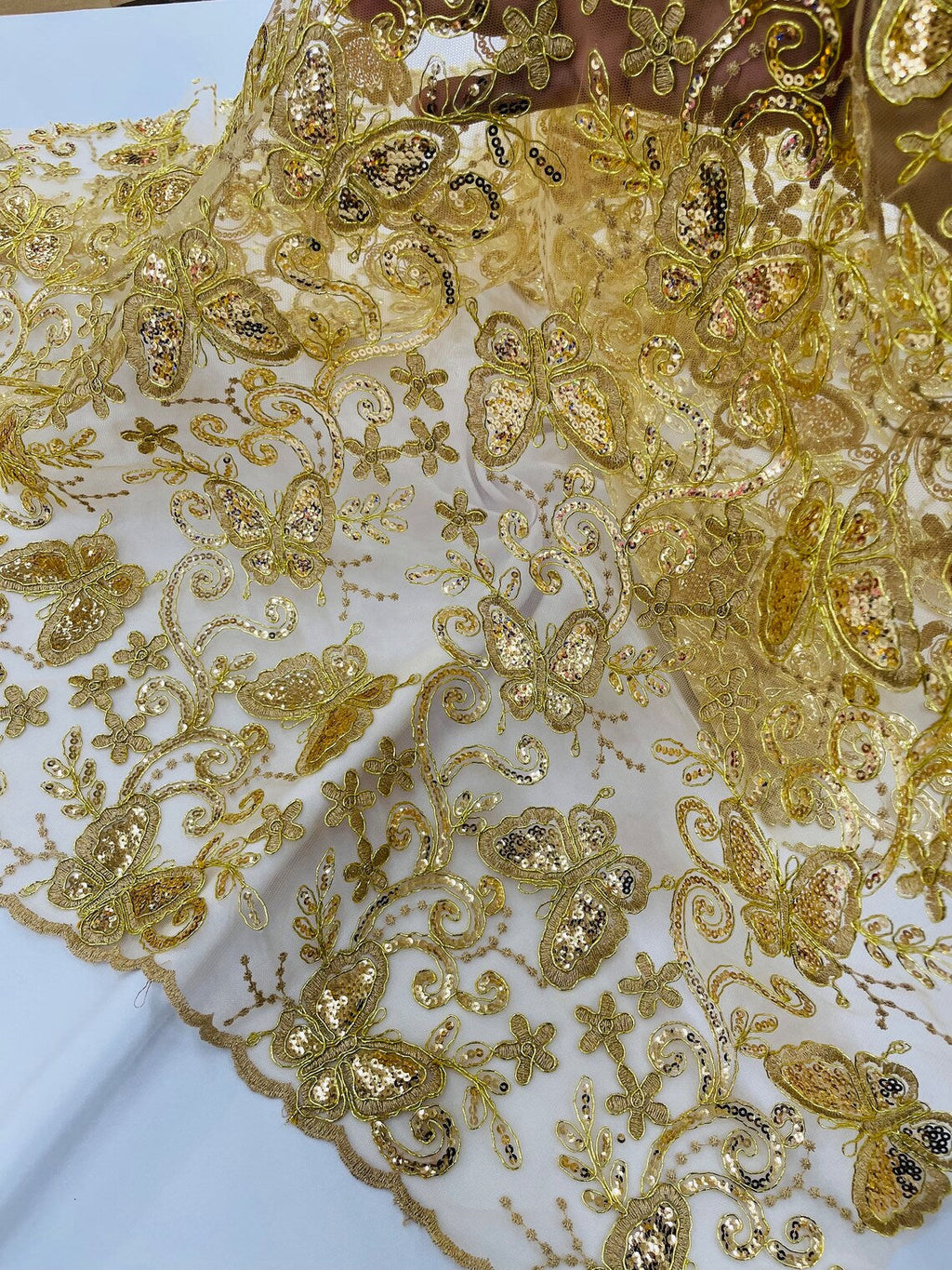 Butterfly Sequins Fabric - Gold - Metallic Floral Butterfly Design on Lace Fabric By Yard