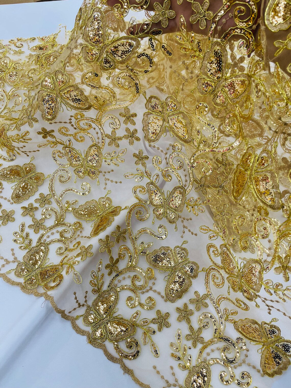 Butterfly Sequins Fabric - Gold - Metallic Floral Butterfly Design on Lace Fabric By Yard
