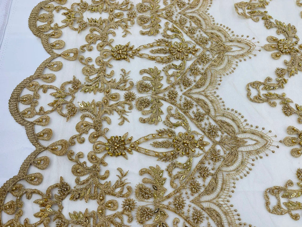 Damask Bead Fabric - Gold - Embroidered Glamorous Fabric with Round Beads Sold By Yard