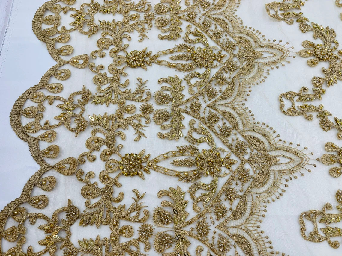 Damask Bead Fabric - Gold - Embroidered Glamorous Fabric with Round Beads Sold By Yard