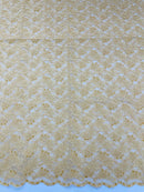 Floral Pearls and Sequins Fabric - Gold - Beaded Fabric Embroidered Lace By The Yard