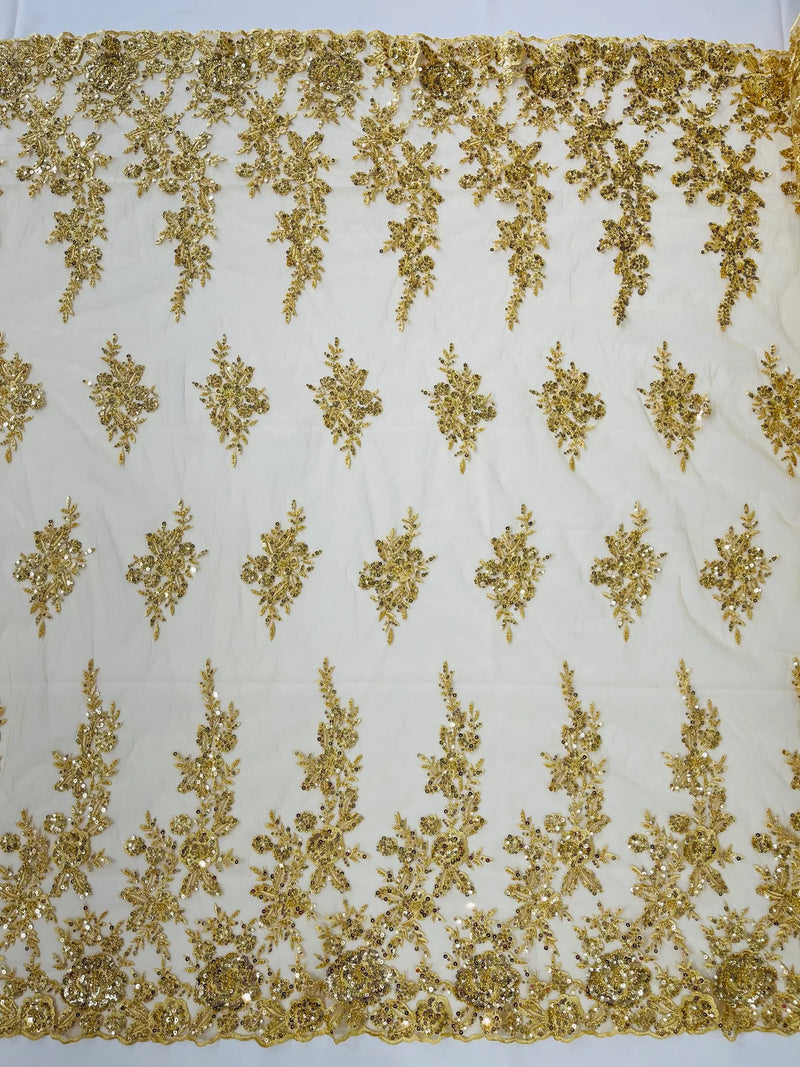 Beaded Rose Flower Fabric - Gold - Embroidered Beaded Long Border Floral Fabric By Yard