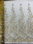 3D Flower Glitter Fabric - Gold - Floral Glitter Sequin Design on Lace Mesh Fabric by Yard