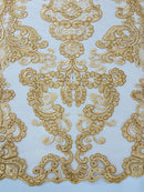King Lace Pattern Fabric - Gold - Embroidered Sequins on Lace Mesh Fabric By Yard