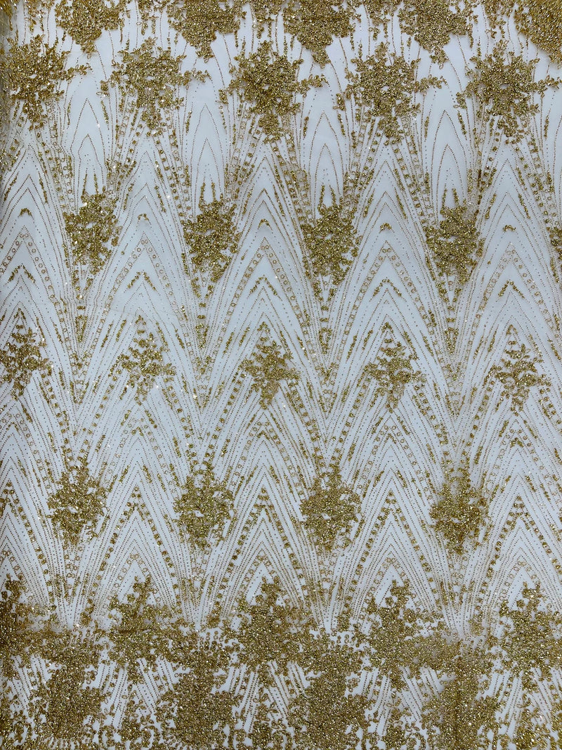 Damask Glitter Fabric - Gold - Geometric Glitter Design Fabric on Mesh by Yard