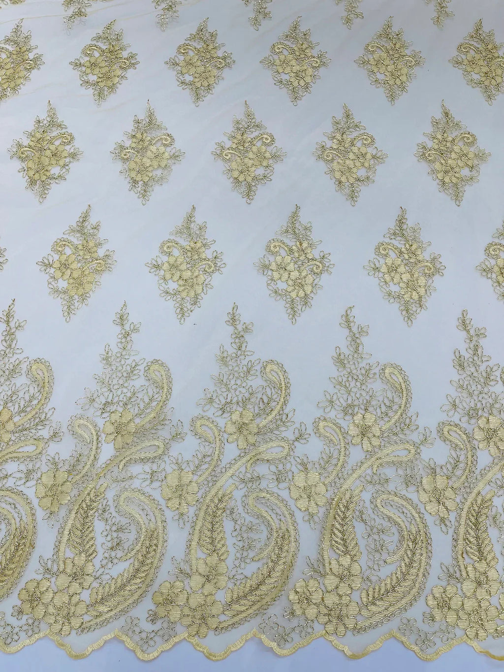 Metallic Corded Lace - Gold - Paisley Floral Fabric with Metallic Thread on a Mesh Lace By Yard