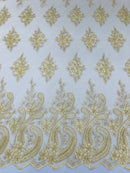 Metallic Corded Lace - Gold - Paisley Floral Fabric with Metallic Thread on a Mesh Lace By Yard