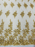 Beaded Rose Flower Fabric - Gold - Embroidered Beaded Long Border Floral Fabric By Yard