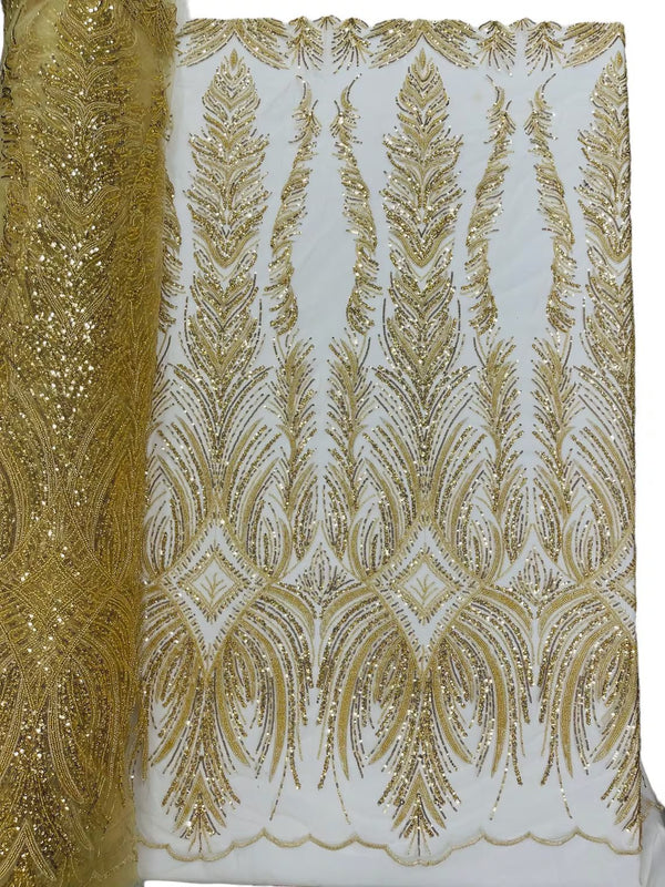 Beaded Lines Fabric - Gold - Luxury Beads and Sequins Line Design Fabric By Yard