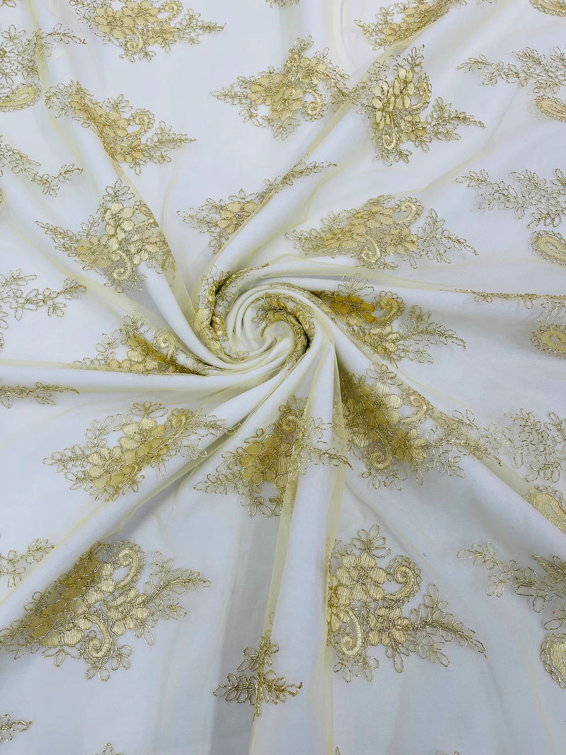 Metallic Corded Lace - Gold - Paisley Floral Fabric with Metallic Thread on a Mesh Lace By Yard