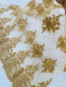 Corded Floral 3D Fabric - Gold - Embroidered Floral Design on Lace Mesh Fabric by Yard