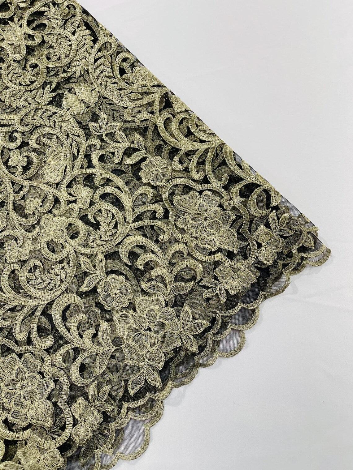 Fancy Damask Lace Fabric - Gold on Black - Embroidered Damask Design Mesh on Lace Fabric by Yard