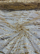 Wavy Design Beaded Fabric - Gold - Beaded Wavy Leaf Embroidered Fabric By Yard