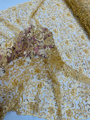Embroidery Floral Bead Fabric - Gold - Bridal Embroidery Beaded Floral  Fabric Sold by Yard