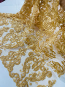 King Lace Pattern Fabric - Gold - Embroidered Sequins on Lace Mesh Fabric By Yard