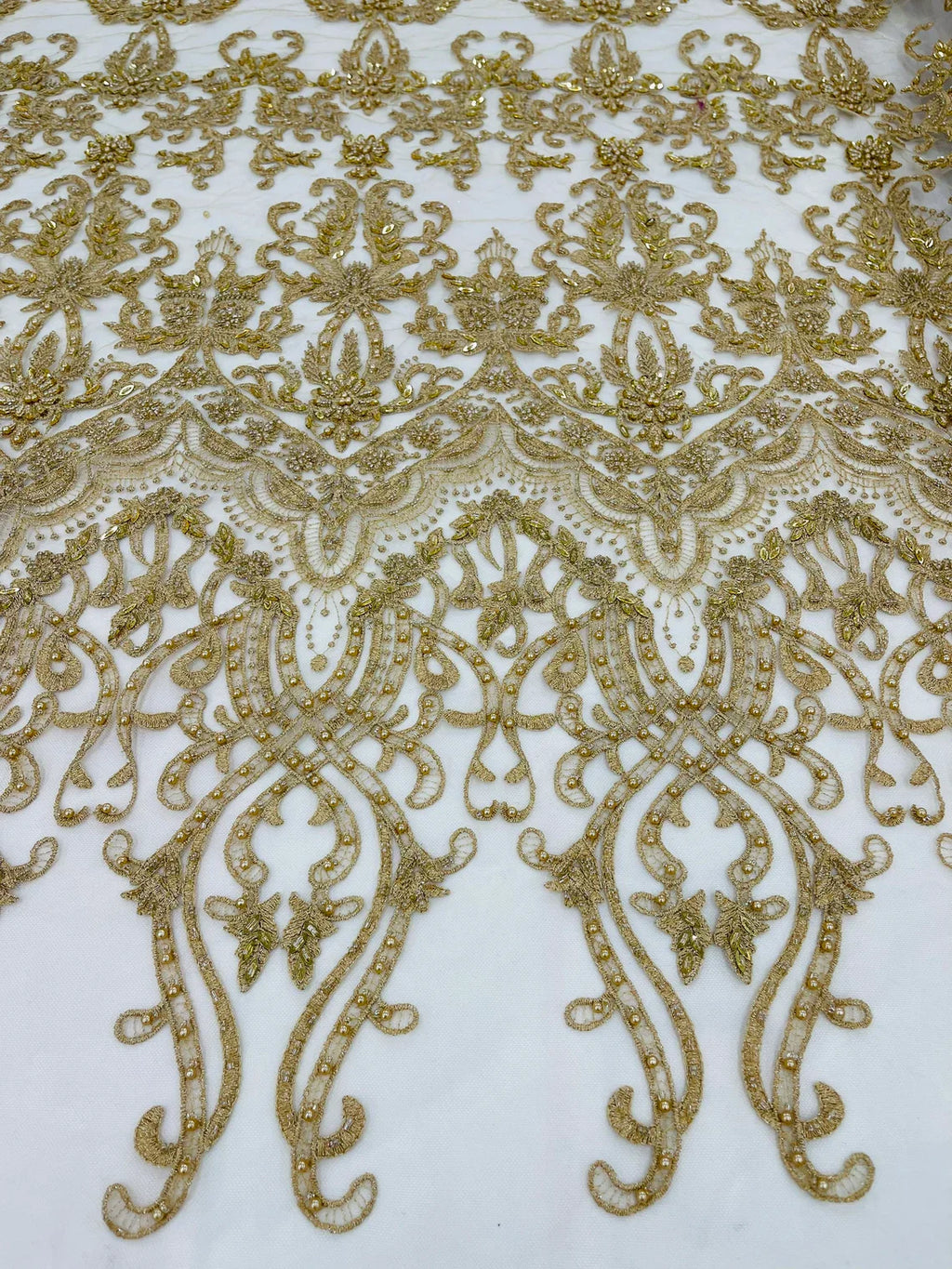 Damask Bead Fabric - Gold - Embroidered Glamorous Fabric with Round Beads Sold By Yard