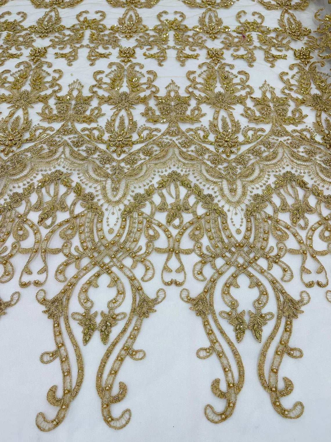 Damask Bead Fabric - Gold - Embroidered Glamorous Fabric with Round Beads Sold By Yard
