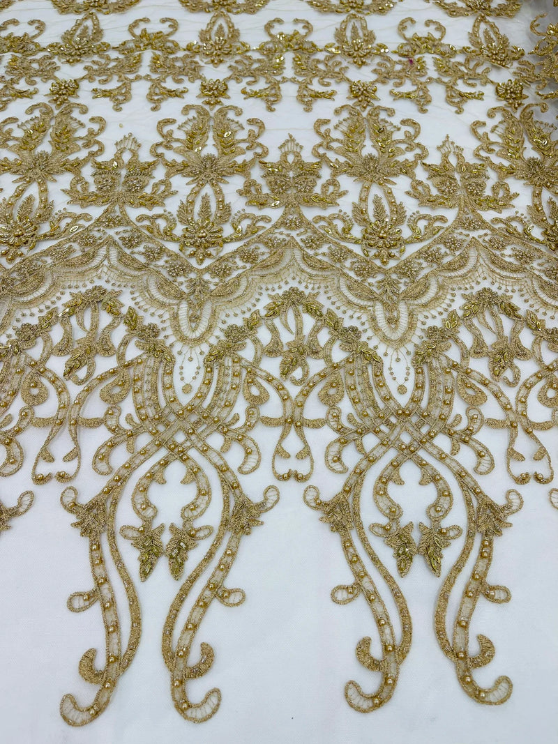 Damask Bead Fabric - Gold - Embroidered Glamorous Fabric with Round Beads Sold By Yard