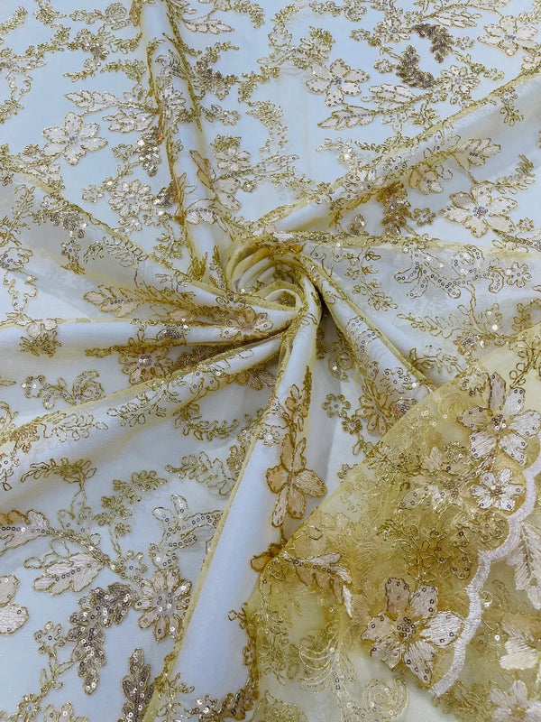 Floral Metallic Lace Fabric - Gold - Corded Embroidered Floral Sequins Fabric by Yard