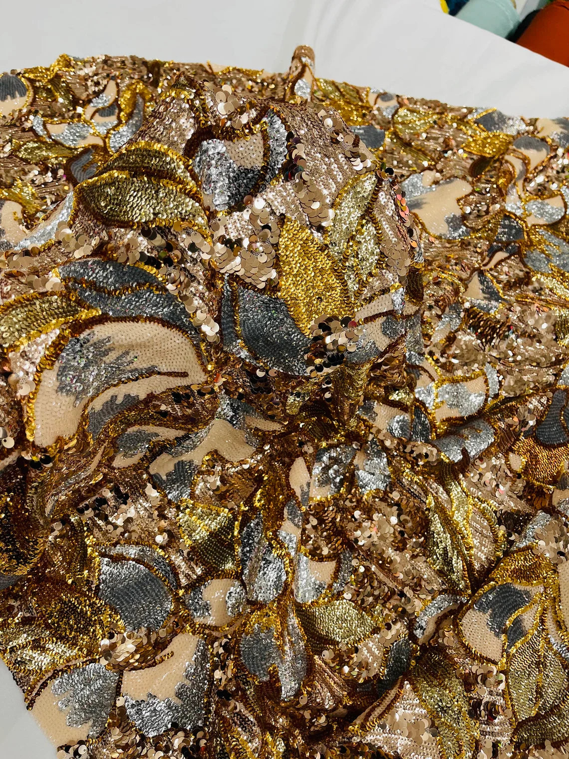 Orchid Design Sequins - Gold - 4 Way Stretch Full Sequins Floral Design Mesh Fabric By Yard