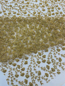 Shimmer Glitter Flower Fabric - Gold - Small Glitter Flower Design on Lace Sold By Yard