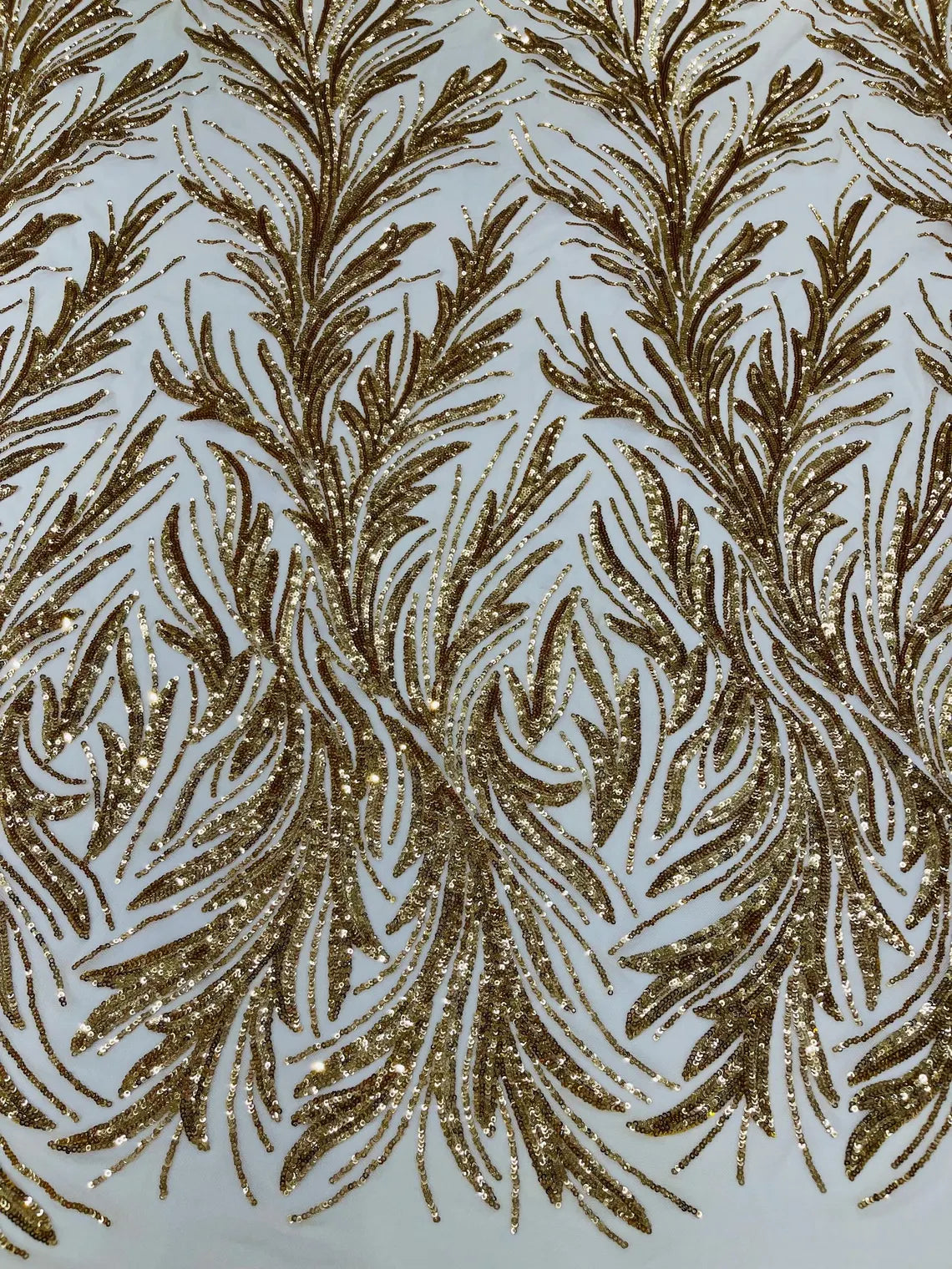 Leaf Design Stretch Sequins - Gold - 4 Way Stretch Lace Mesh Sequins Fabric by Yard