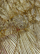 Curvy Line Design Fabric - Gold - 4 Way Stretch Sequins Design Mesh Lace Fabric by Yard
