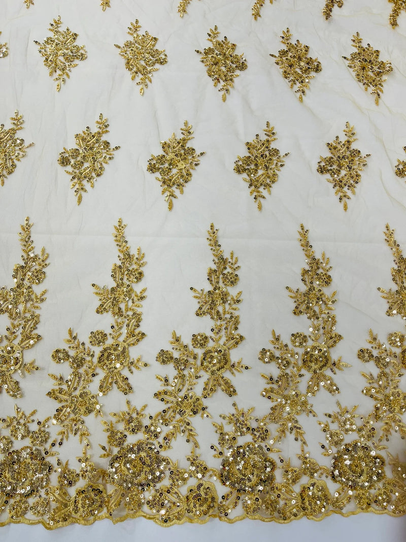 Beaded Rose Flower Fabric - Gold - Embroidered Beaded Long Border Floral Fabric By Yard