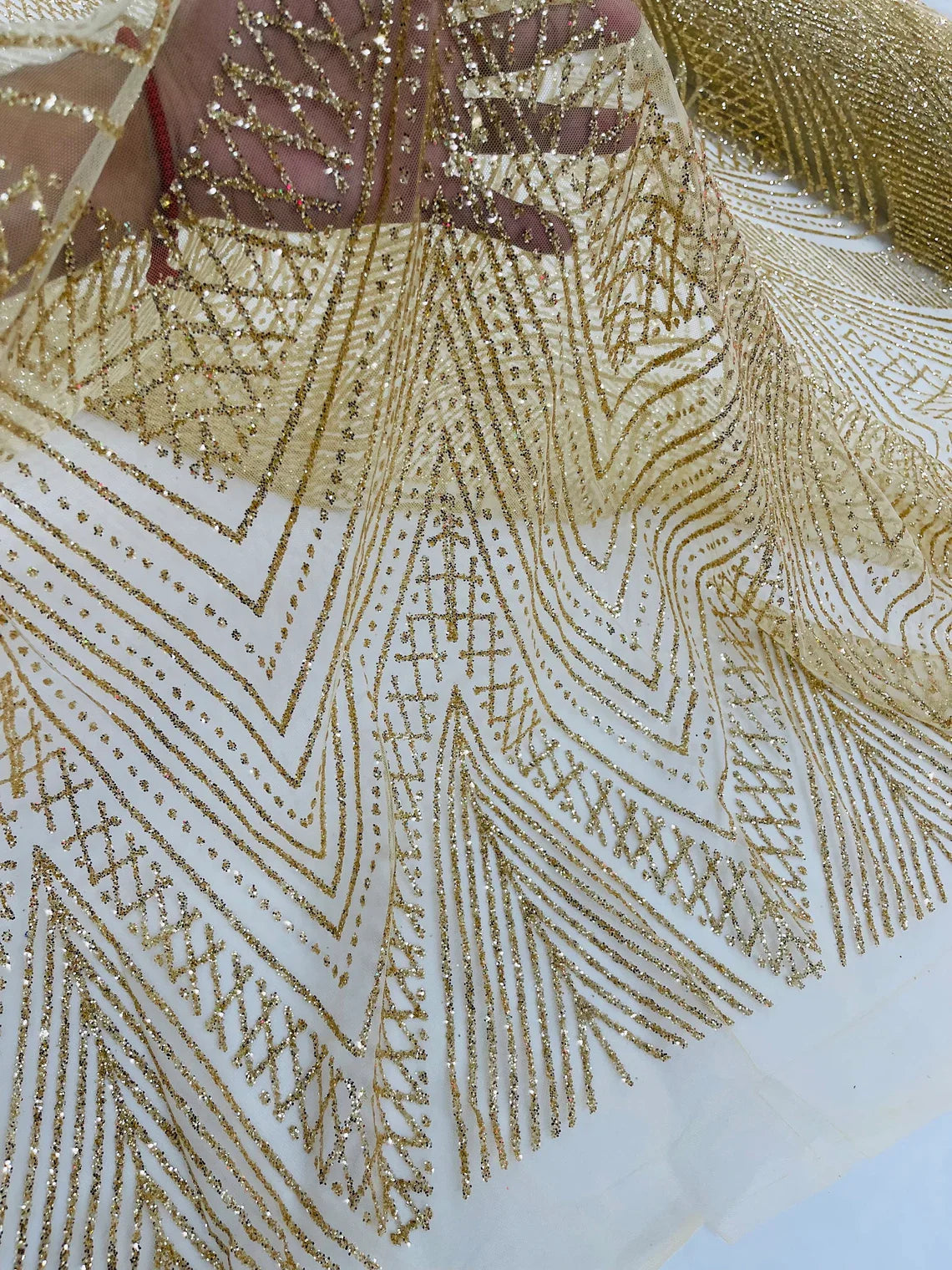 Geometric Glitter Fabric - Gold - Shimmer Glitter Geometric Design Fabric By Yard