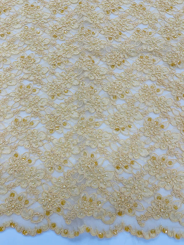 Floral Pearls and Sequins Fabric - Gold - Beaded Fabric Embroidered Lace By The Yard