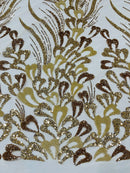 Fancy Wavy Leaf Bead Fabric - Gold - Leaf Line Beaded Design Embroidered Mesh By Yard