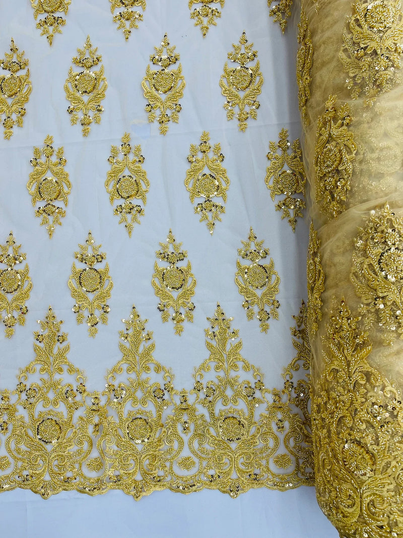 Floral Bead Embroidery Fabric - Gold - Damask Floral Bead Bridal Lace Fabric by the yard